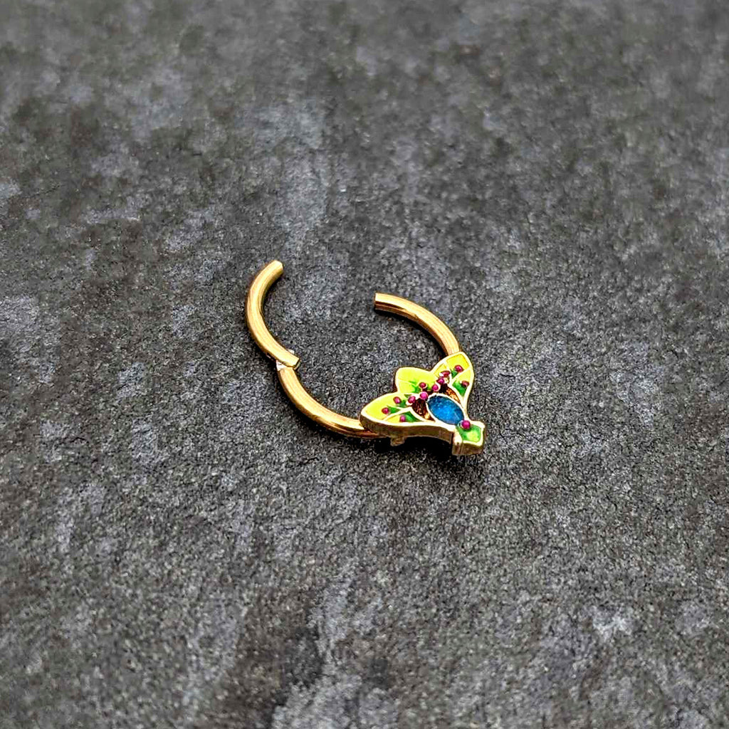 BodyCandy 16G 3/8 Blue Gem Gold Tone Tropic Fan Hinged Segment Ring — back view