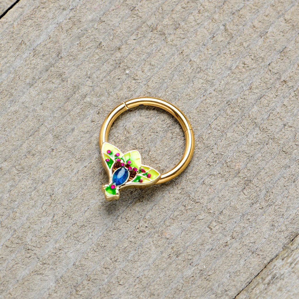 BodyCandy 16G 3/8 Blue Gem Gold Tone Tropic Fan Hinged Segment Ring — alternative angle