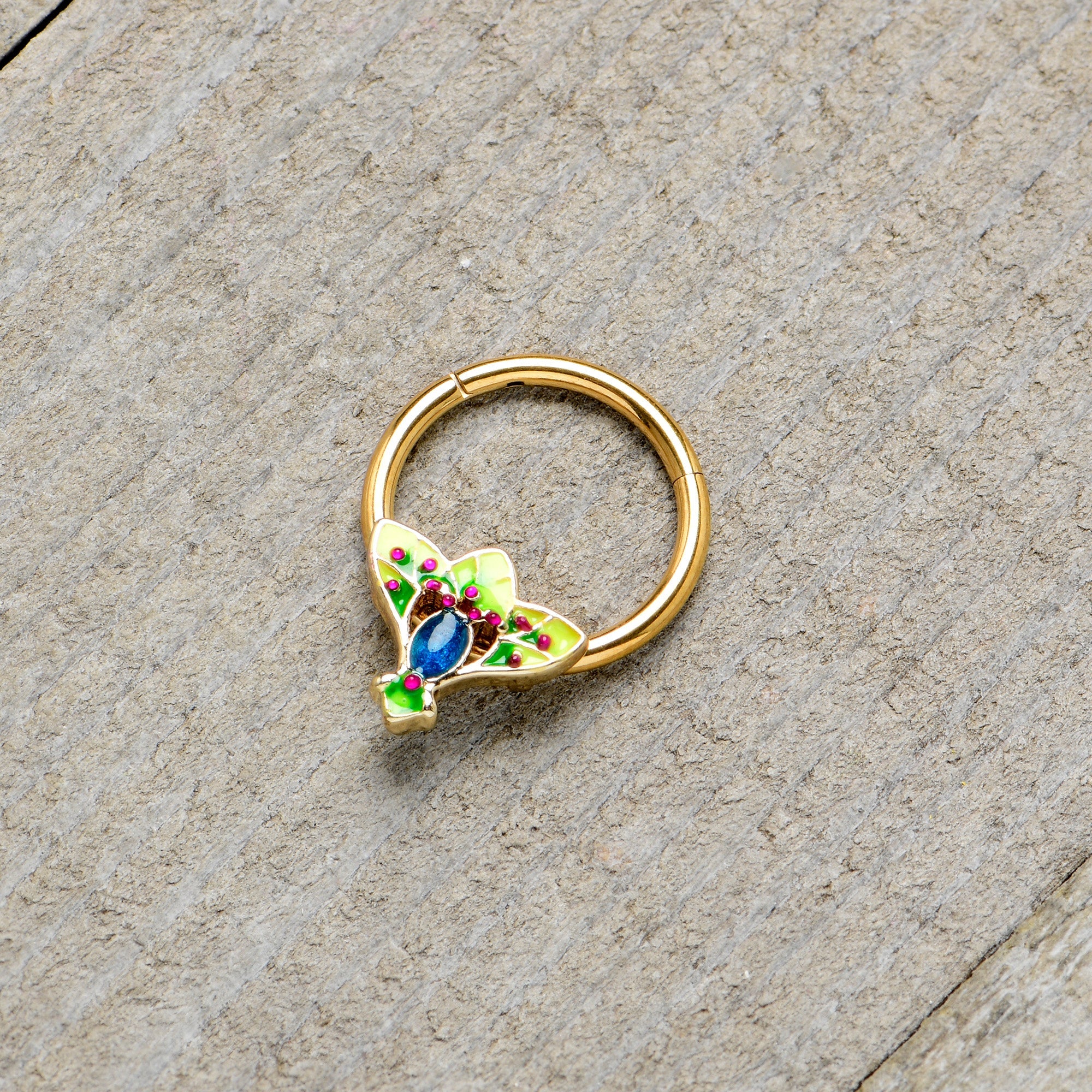 BodyCandy 16G 3/8 Blue Gem Gold Tone Tropic Fan Hinged Segment Ring — alternative angle