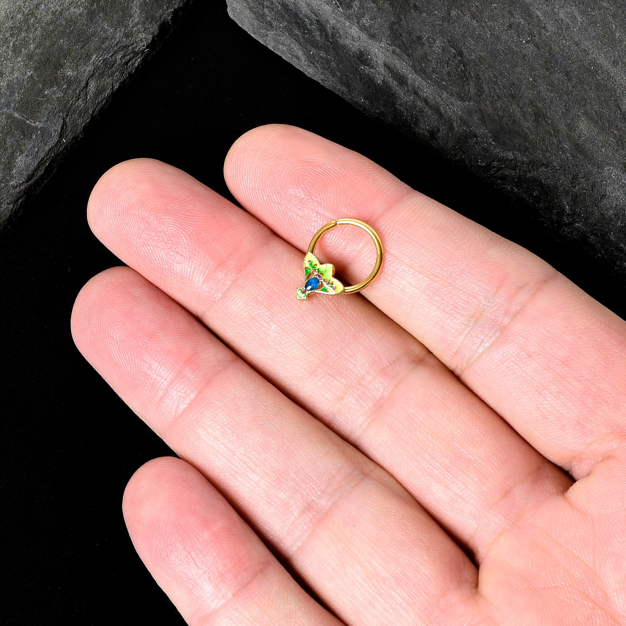 BodyCandy 16G 3/8 Blue Gem Gold Tone Tropic Fan Hinged Segment Ring — size reference