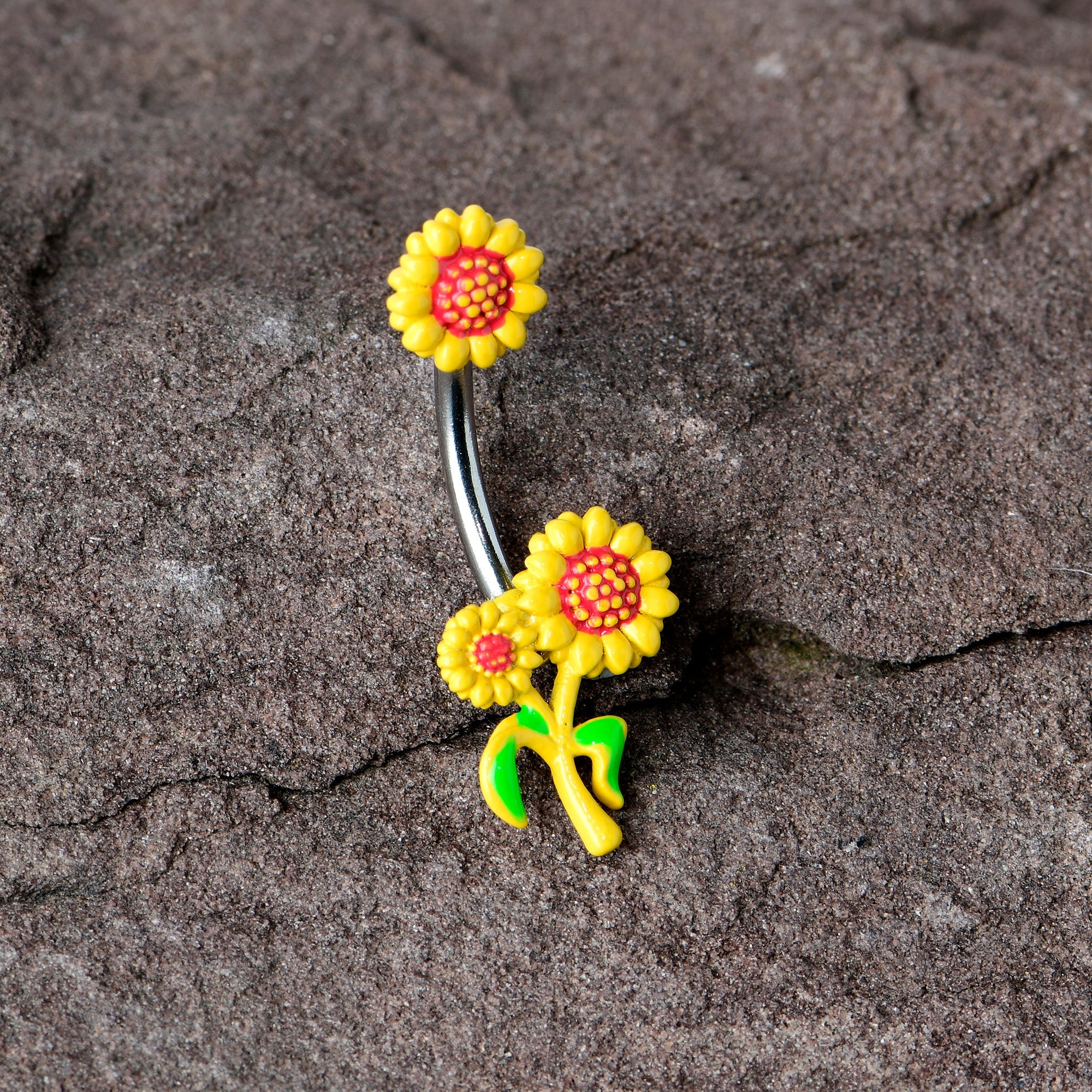 BodyCandy Happy Sunflower Trio Double Mount Belly Ring — in-use photo