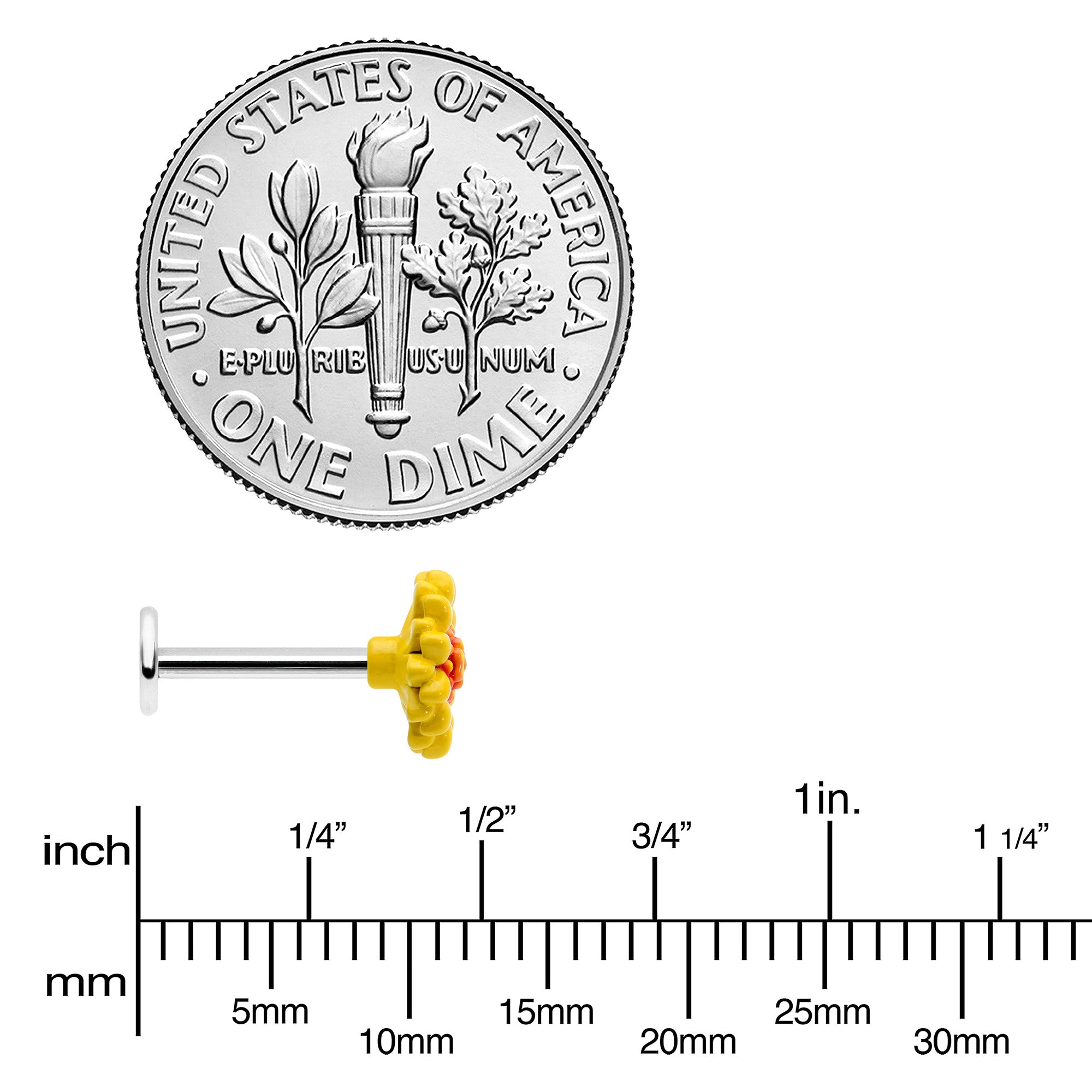 BodyCandy 16G 5/16 Happy Sunflower Yellow Labret Monroe Tragus — side view