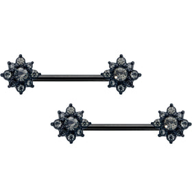 14G 9/16 Clear Gem Black Gothic Sun Barbell Nipple Ring Set