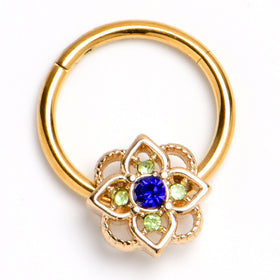 16G 3/8 Blue Gem Gold Tone Celtic Style Hinged Segment Ring