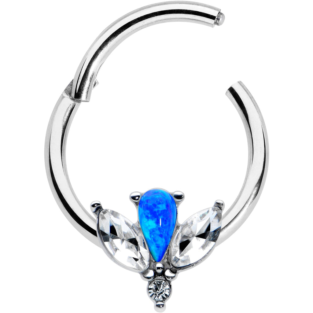 BodyCandy 16G 3/8 Blue Faux Opal Style Flower Hinged Segment Ring — detail close-up
