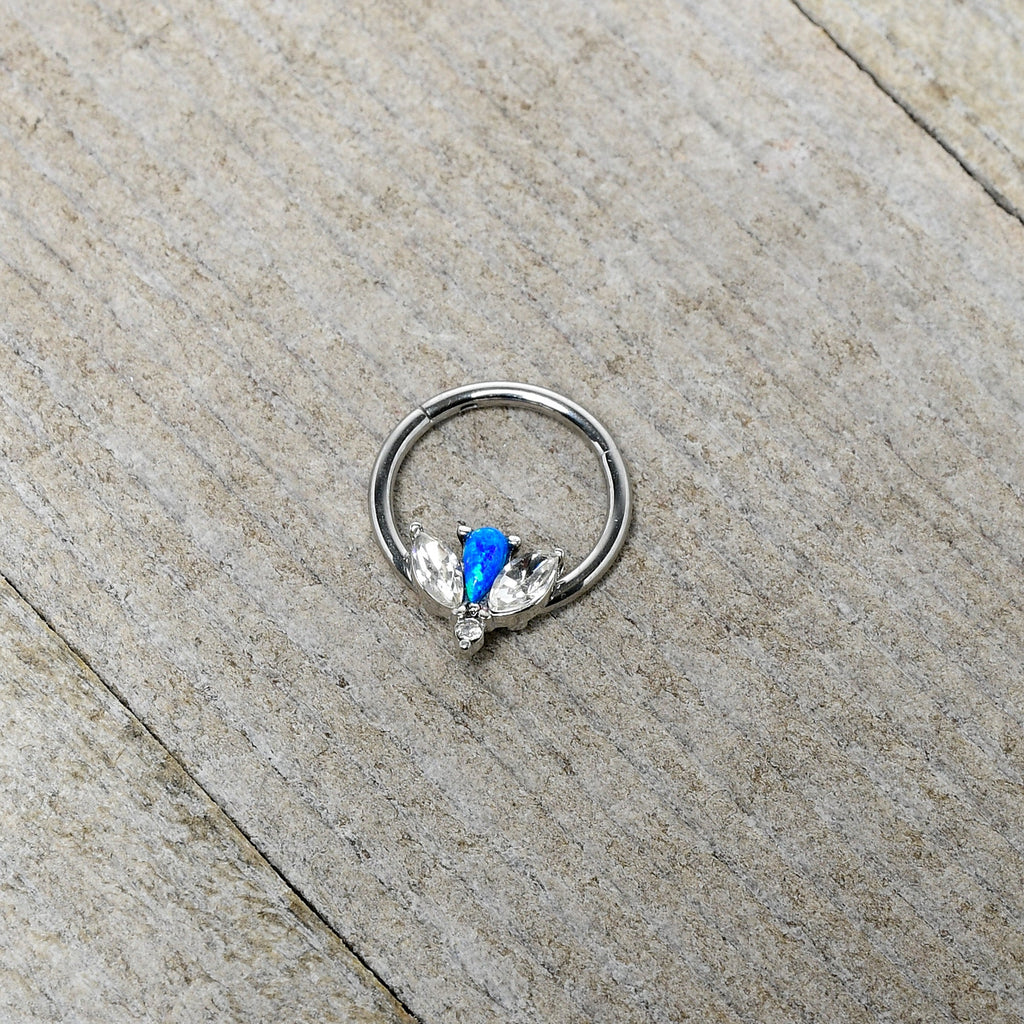 BodyCandy 16G 3/8 Blue Faux Opal Style Flower Hinged Segment Ring — side view
