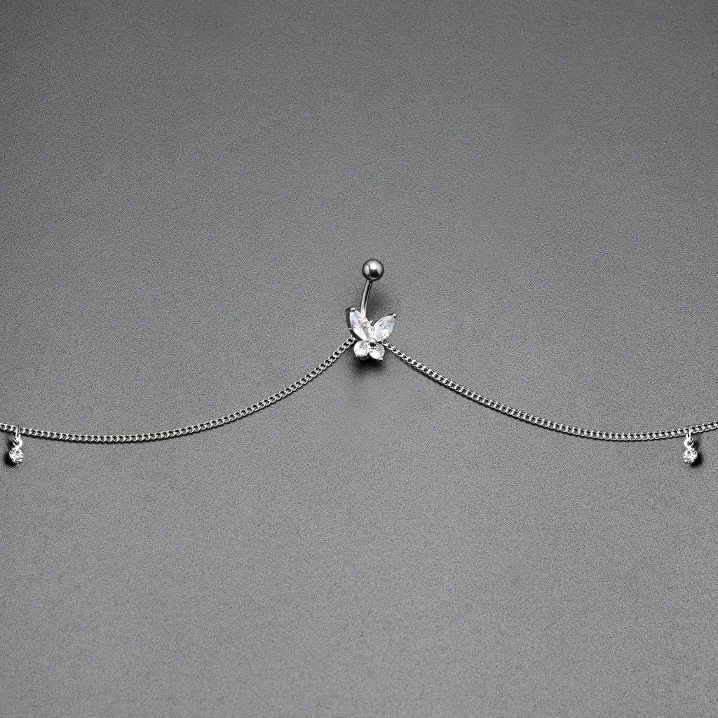 BodyCandy Clear Gem Rococo Butterfly Dangle Belly Ring Belly Chain — side view