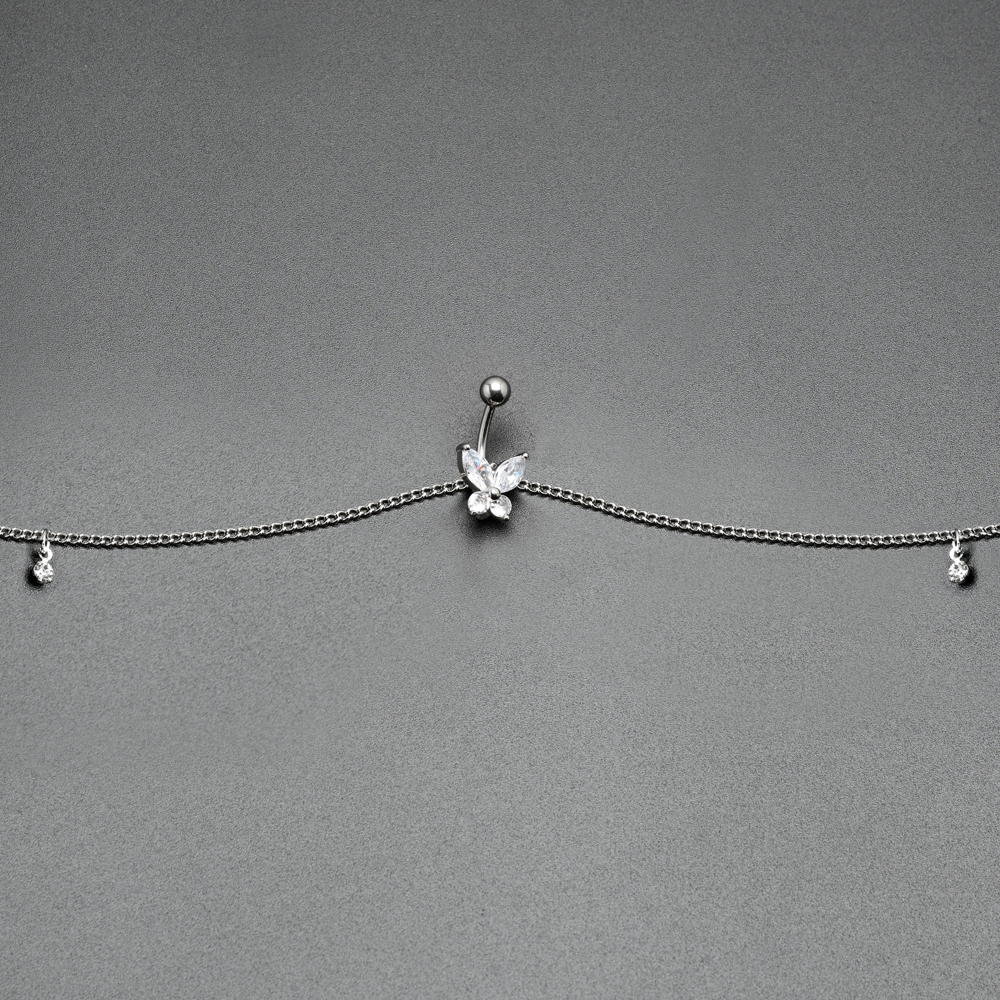 BodyCandy Clear Gem Rococo Butterfly Dangle Belly Ring Belly Chain — back view