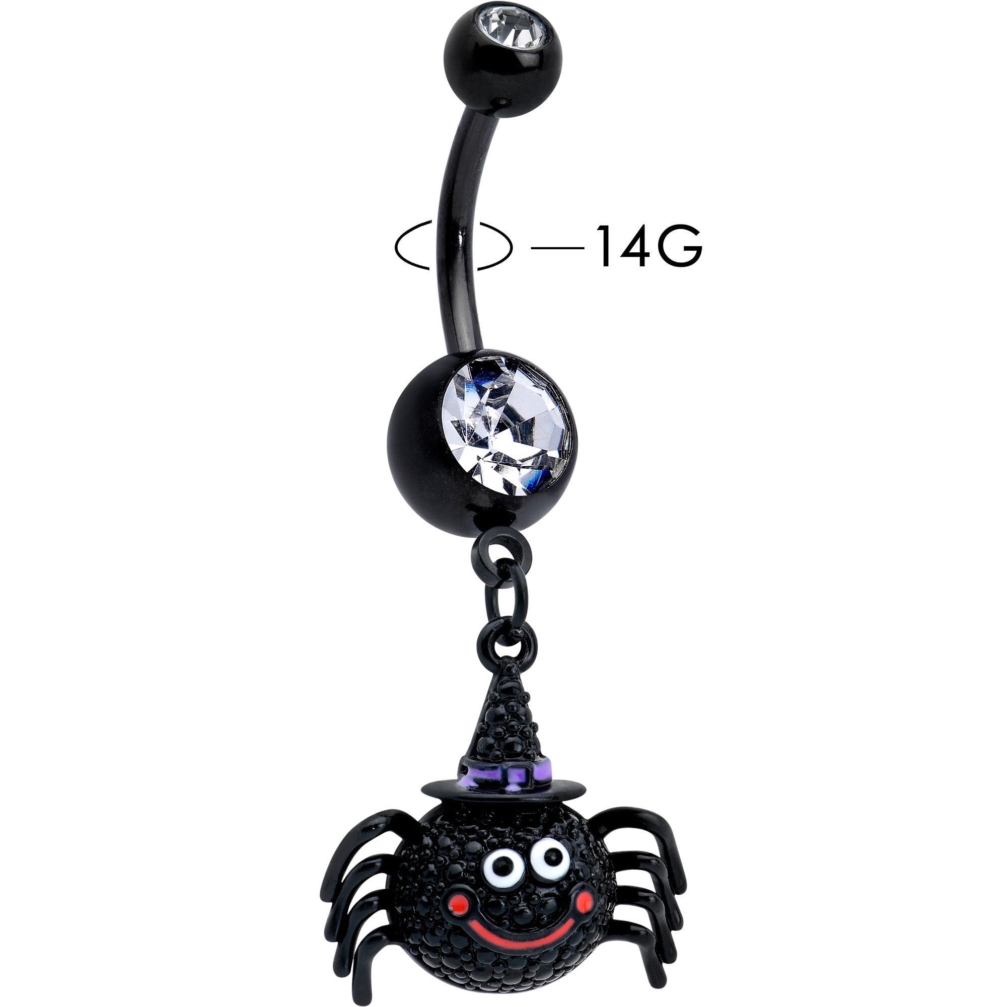 BodyCandy Clear Gem Black Smiling Spider Witch Halloween Dangle Belly Ring — detail close-up