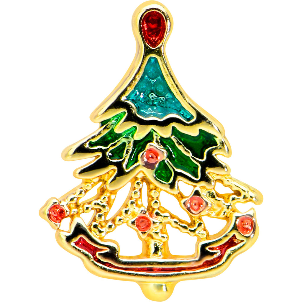 BodyCandy 20G 7mm Red Gem Deco Holiday Tree Golden L Shape Nose Ring — detail close-up