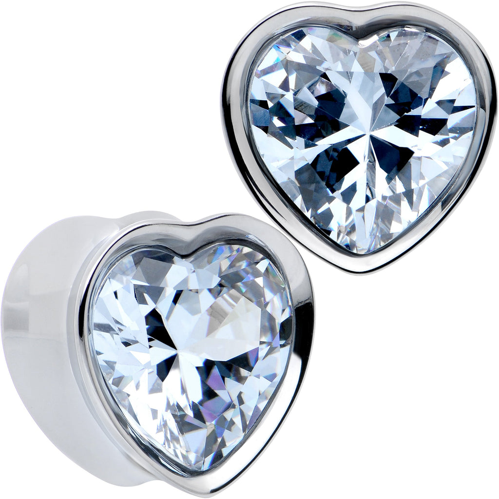 BodyCandy Stainless Steel CZ Gem Heart In Heart Double Flare Plug Set 8mm to 16mm — detail close-up