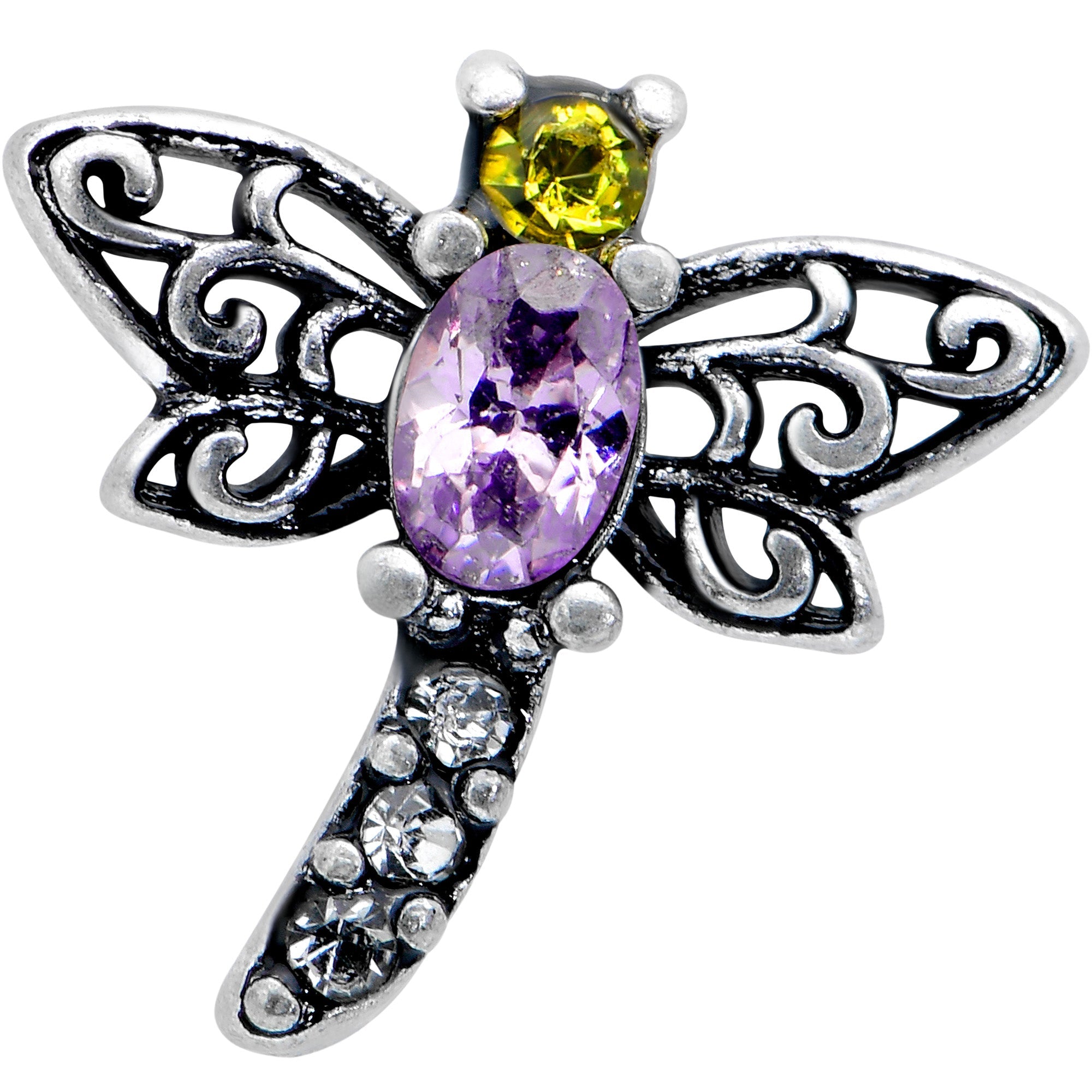 BodyCandy 16G 5/16 Purple Yellow Gem Dragonfly Ornate Labret Monroe Tragus — detail close-up