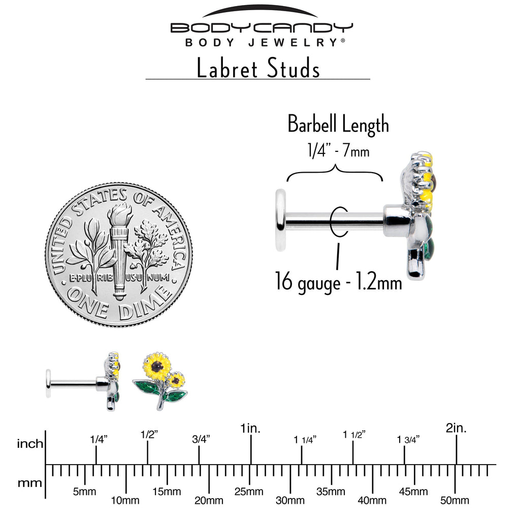 BodyCandy 16G 1/4 Cheery Inlay Sunflowers Labret — back view