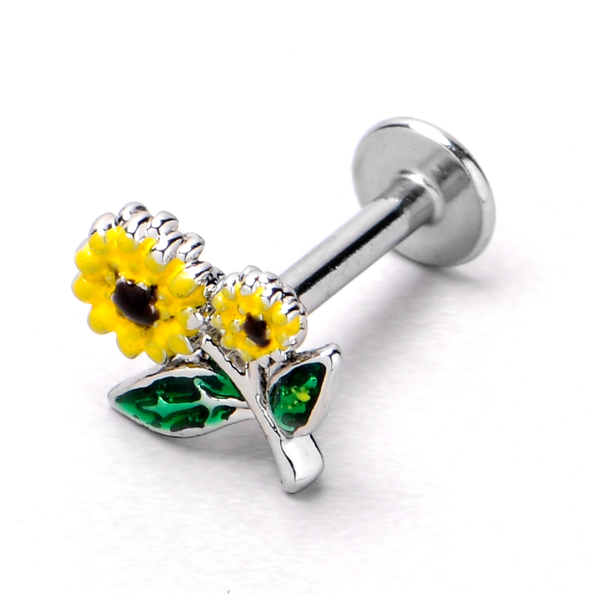 BodyCandy 16G 1/4 Cheery Inlay Sunflowers Labret — in-use photo