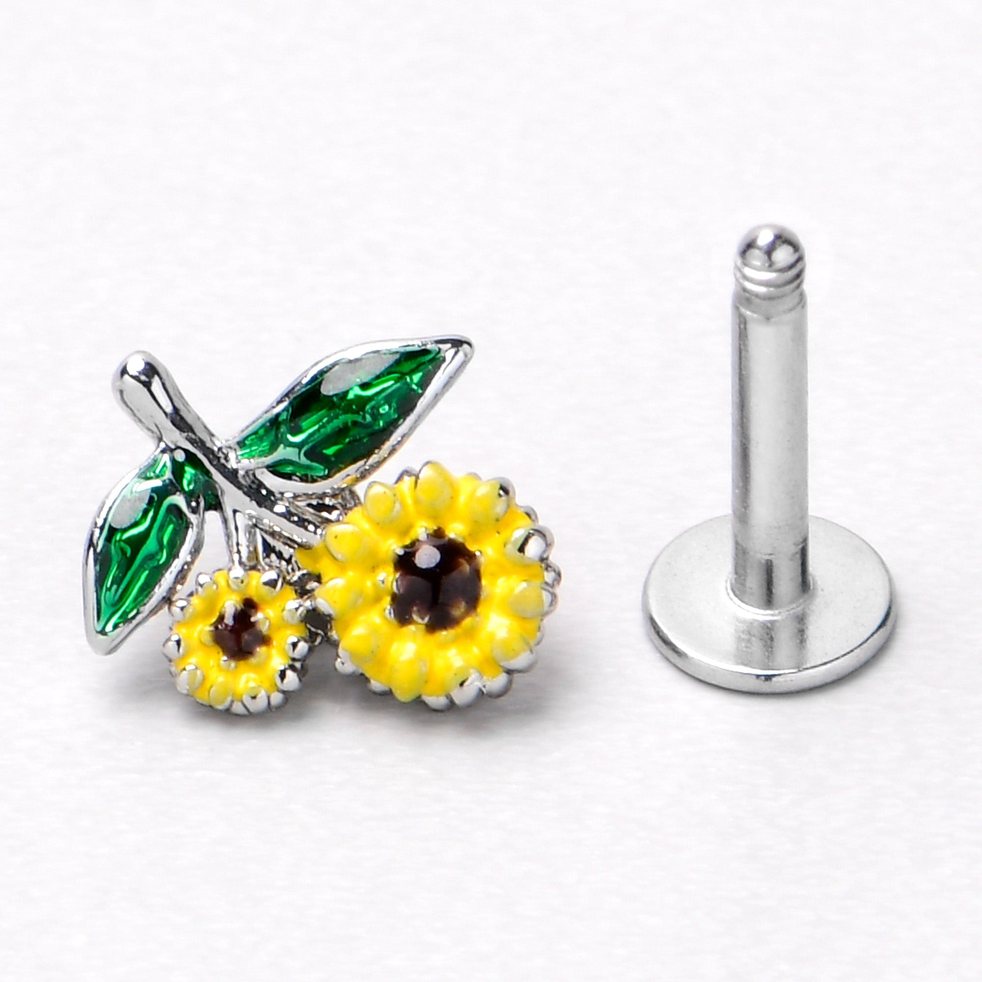 BodyCandy 16G 1/4 Cheery Inlay Sunflowers Labret — size reference