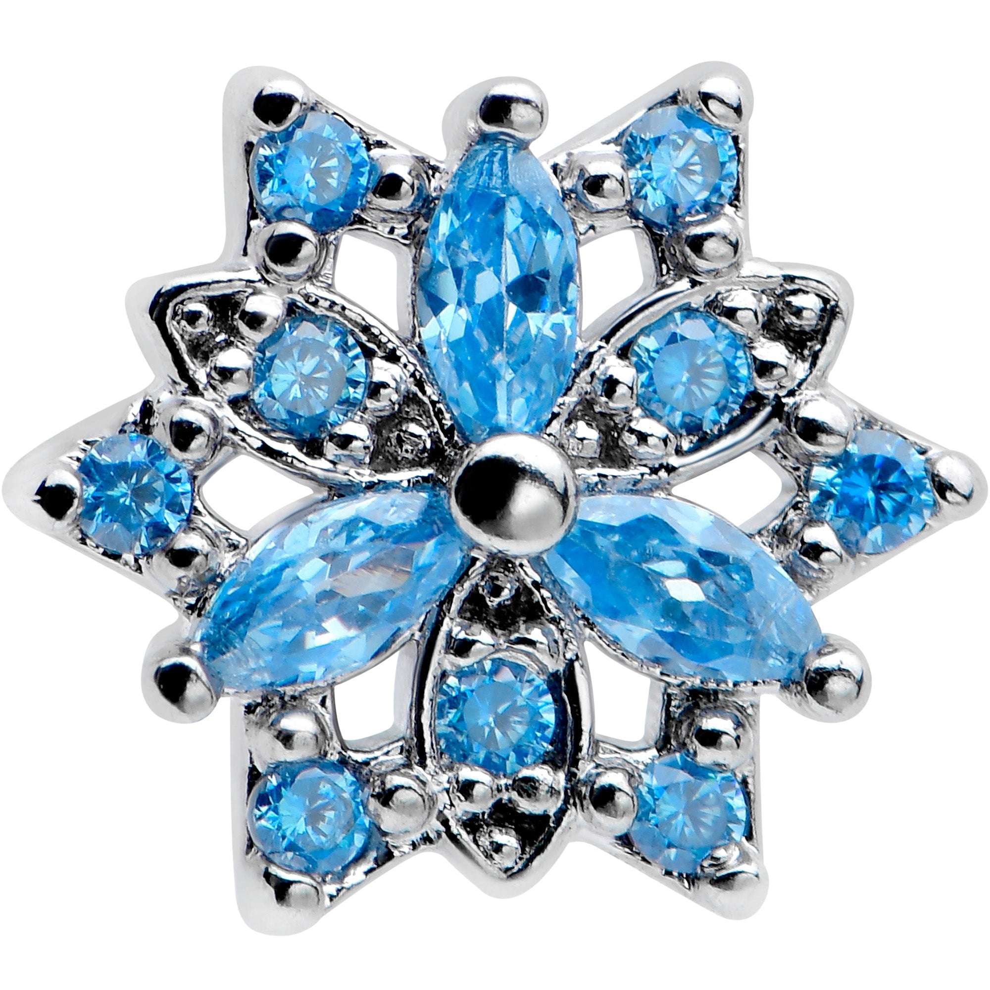 BodyCandy 20G 7mm Blue CZ Gem Snowflake Blues L Shape Nose Ring — detail close-up