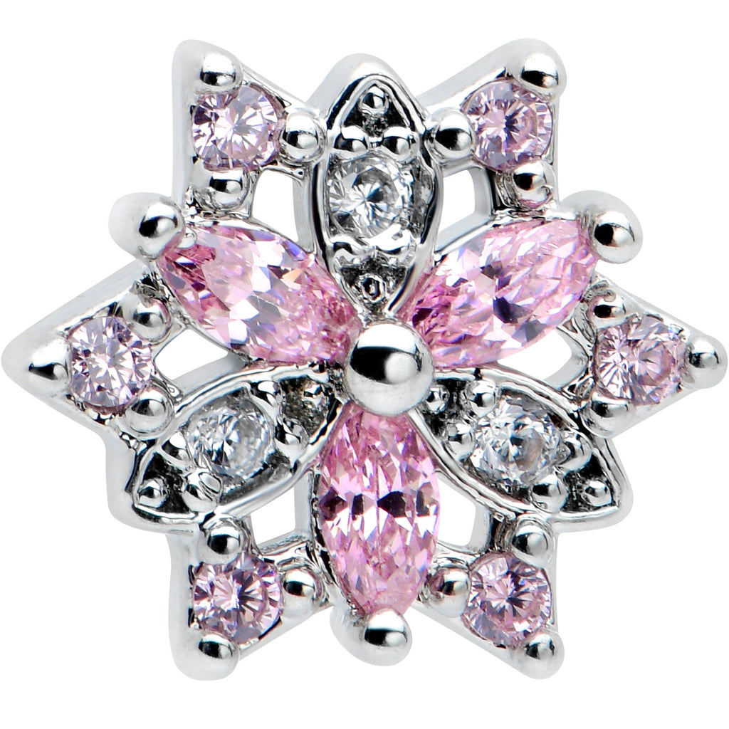 BodyCandy 16G 1/4 Pink Clear CZ Gem Snowflake Cartilage Tragus Earring — detail close-up