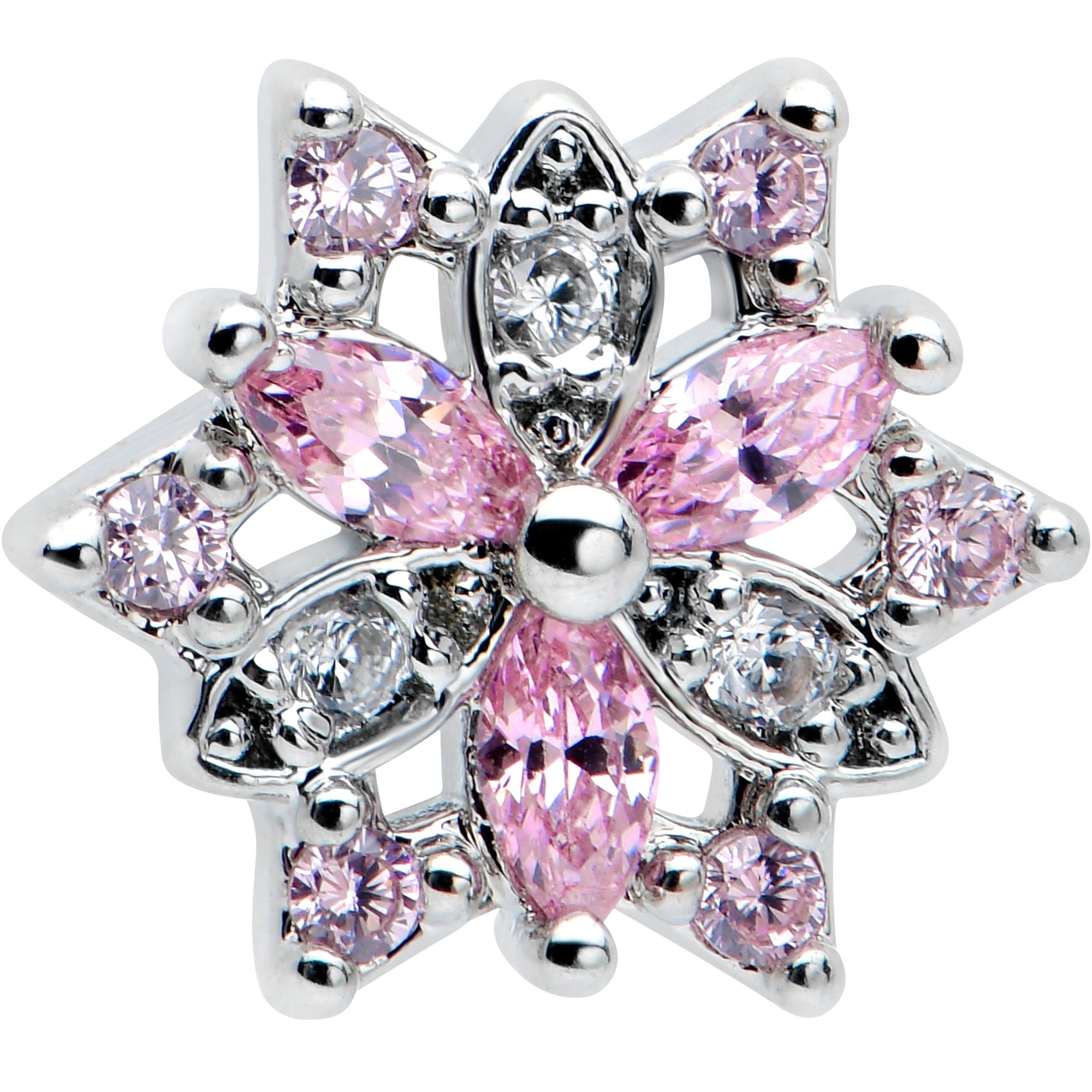 BodyCandy 16G 5/16 Pink Clear CZ Gem Snowflake Labret Monroe Tragus — detail close-up