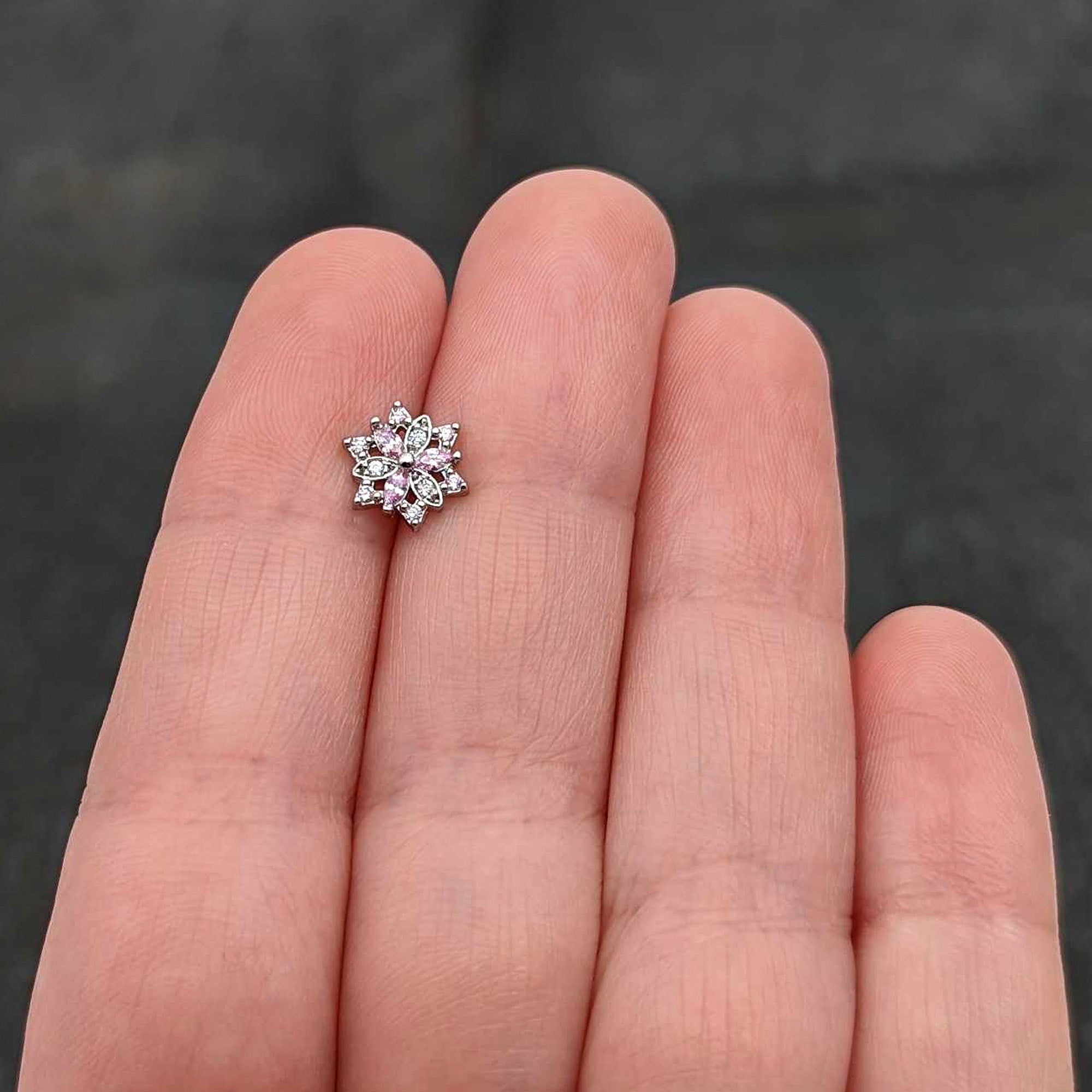 BodyCandy 20G 7mm Pink Clear CZ Gem Snowflake L Shape Nose Ring — size reference