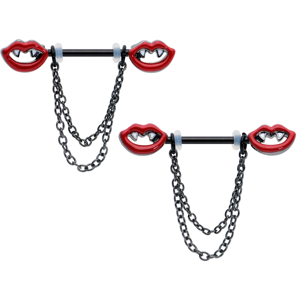 BodyCandy 14G 11/16 Black Vampire Fangs Chain Dangle Nipple Ring Set — main product shot
