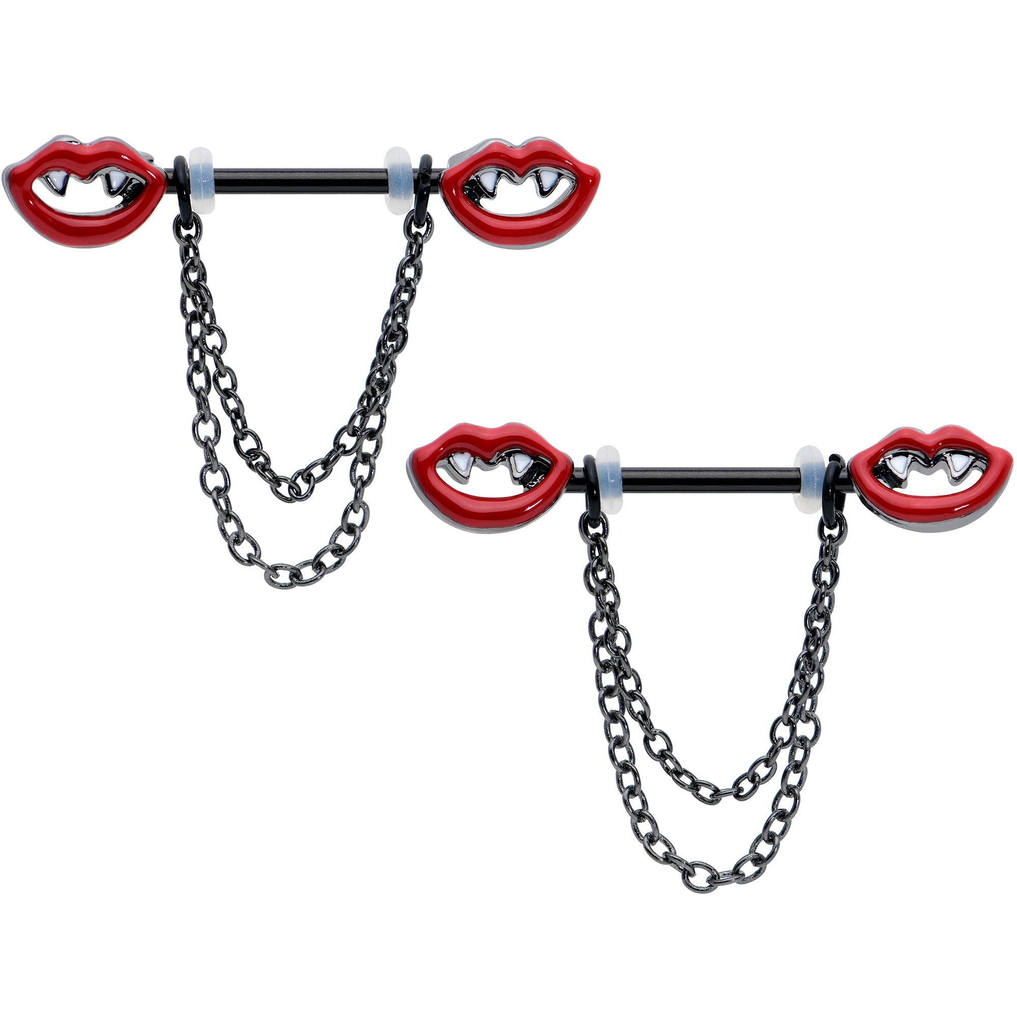 BodyCandy 14G 11/16 Black Vampire Fangs Chain Dangle Nipple Ring Set — main product shot