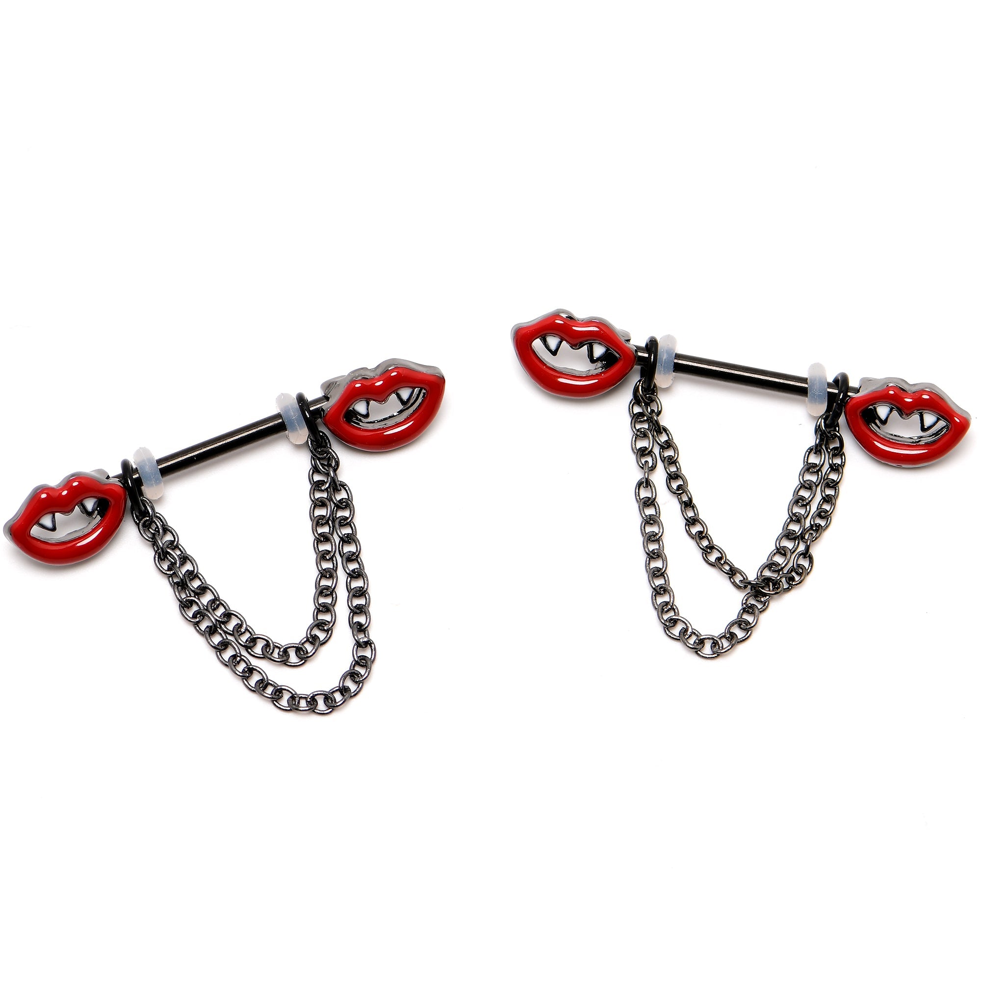 BodyCandy 14G 11/16 Black Vampire Fangs Chain Dangle Nipple Ring Set — side view