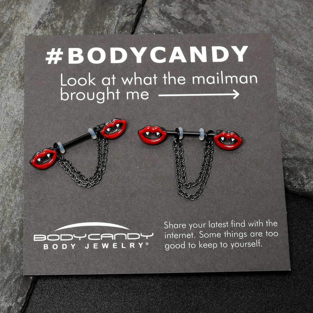 BodyCandy 14G 11/16 Black Vampire Fangs Chain Dangle Nipple Ring Set — back view