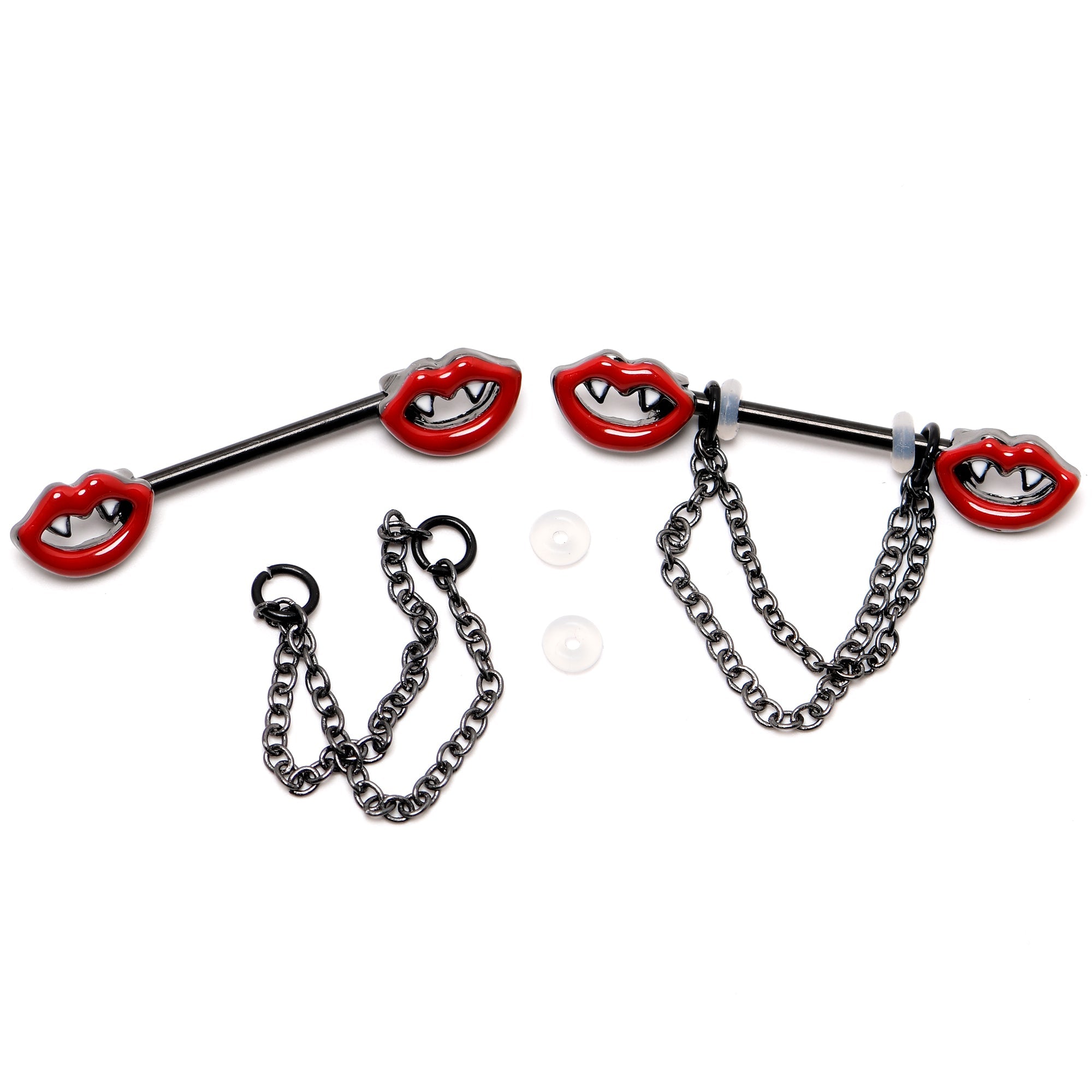 BodyCandy 14G 11/16 Black Vampire Fangs Chain Dangle Nipple Ring Set — alternative angle