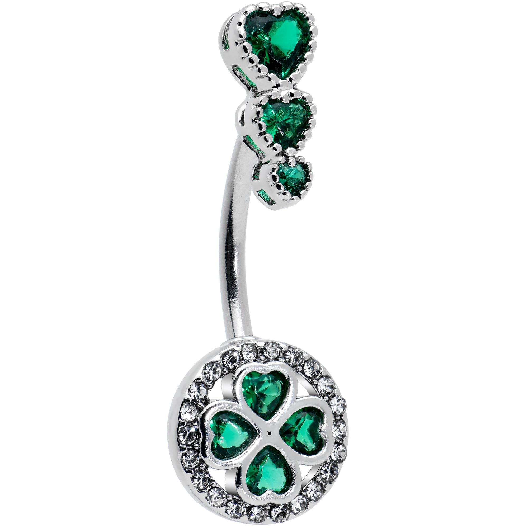 BodyCandy Green Clear Gem Triple Drop Heart Shamrock Double Mount Belly Ring — main product shot