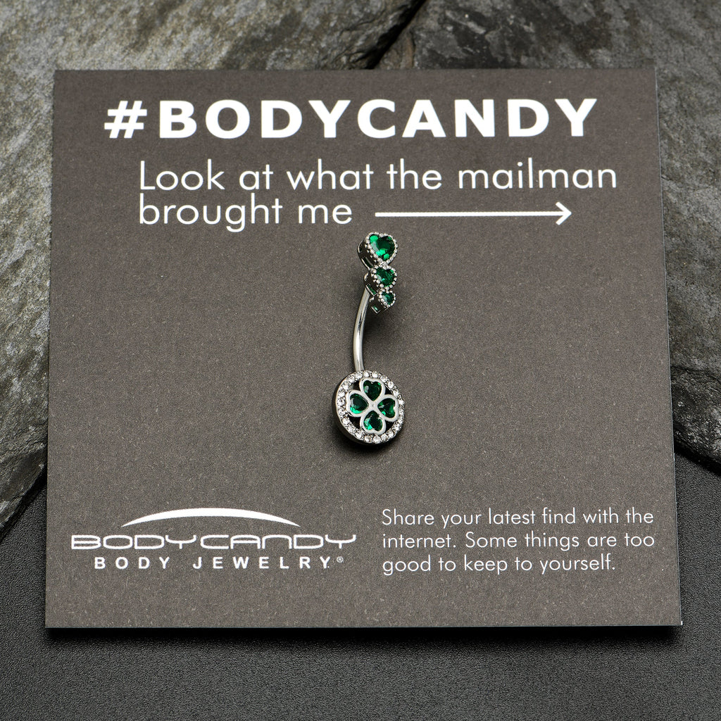 BodyCandy Green Clear Gem Triple Drop Heart Shamrock Double Mount Belly Ring — side view