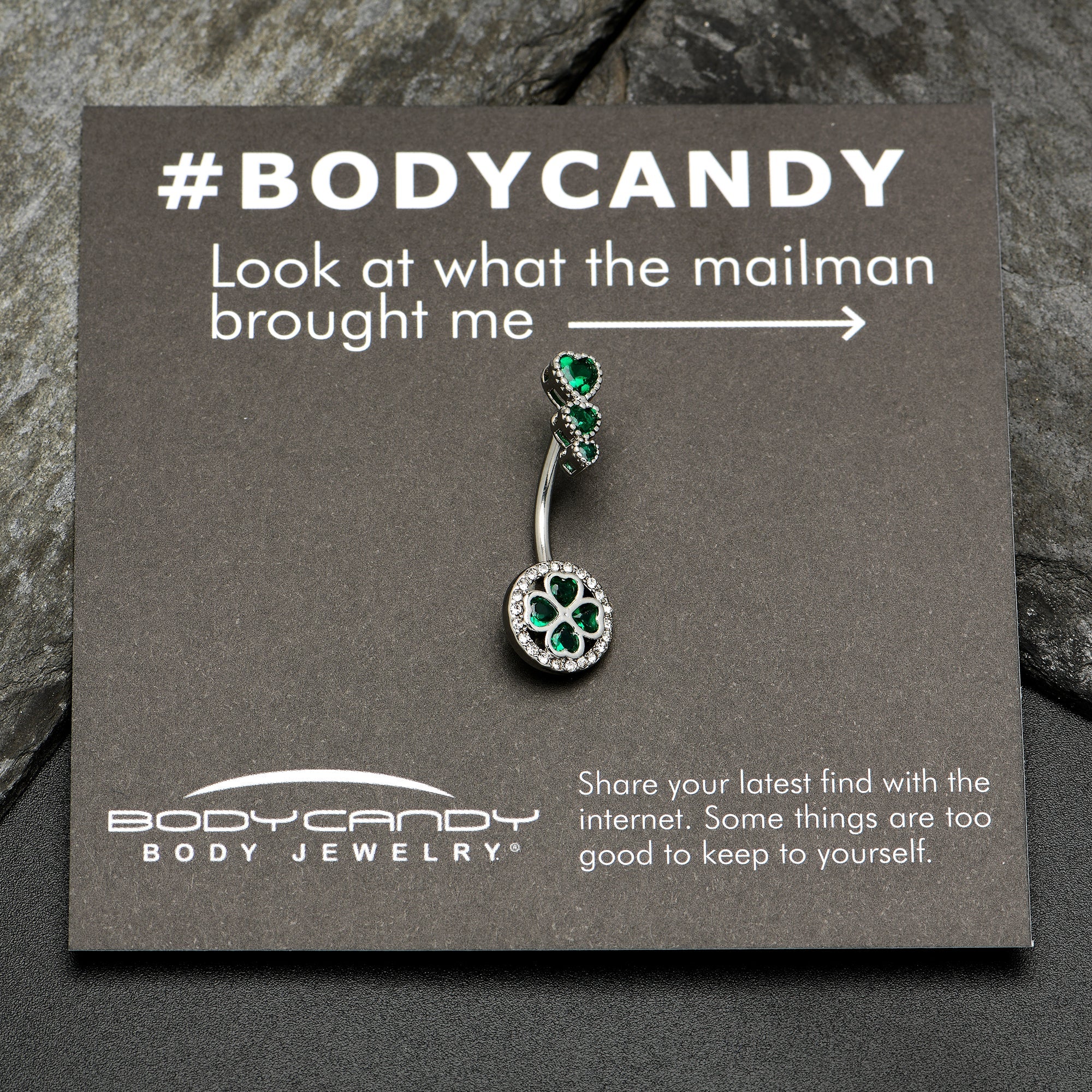BodyCandy Green Clear Gem Triple Drop Heart Shamrock Double Mount Belly Ring — side view