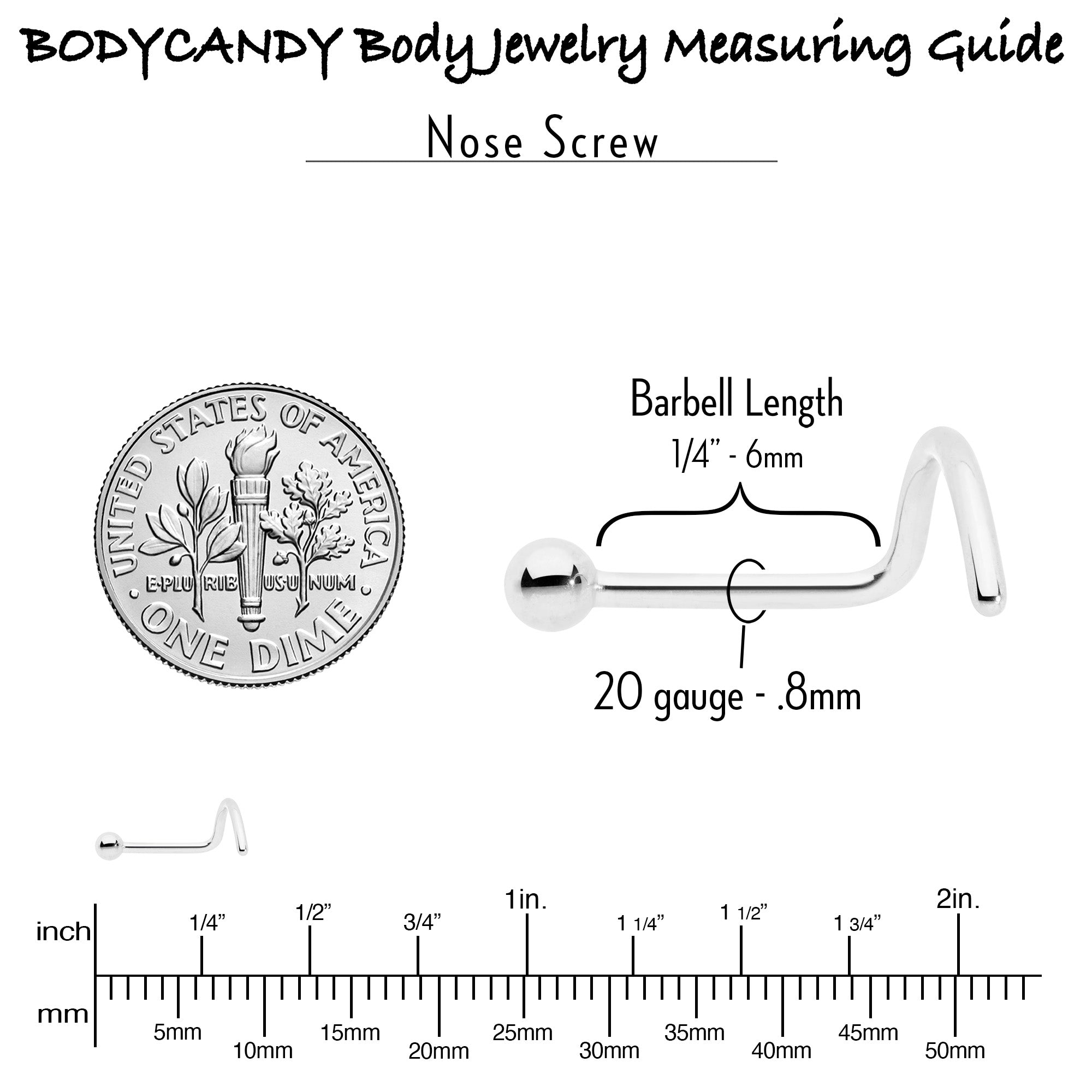 BodyCandy 20G 1/4 ASTM F-136 Implant Grade Titanium Ball End Left Side Nose Screw — side view