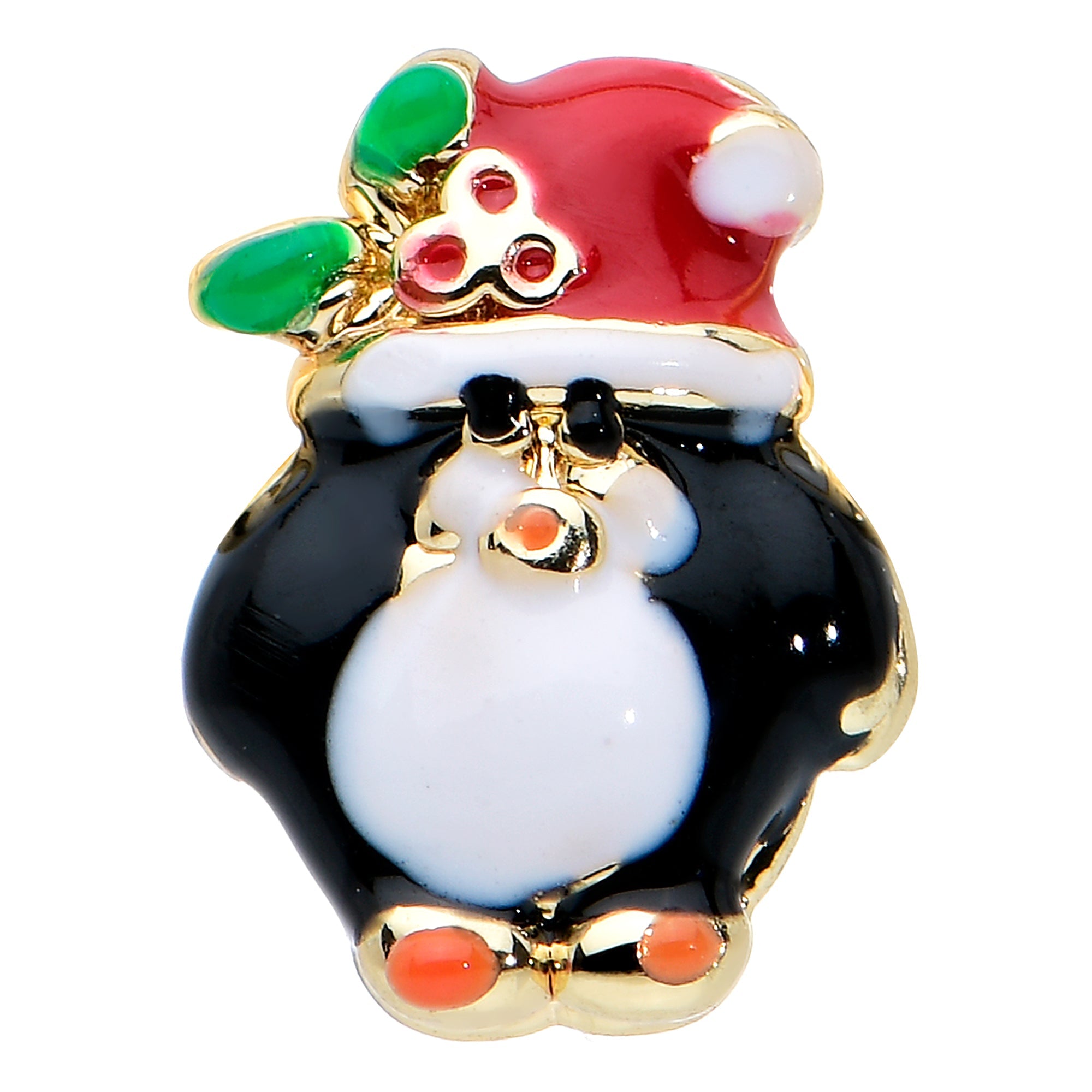 BodyCandy 16G 5/16 Gold Tone Holly Hat Penguin Holiday Labret Monroe Tragus — detail close-up
