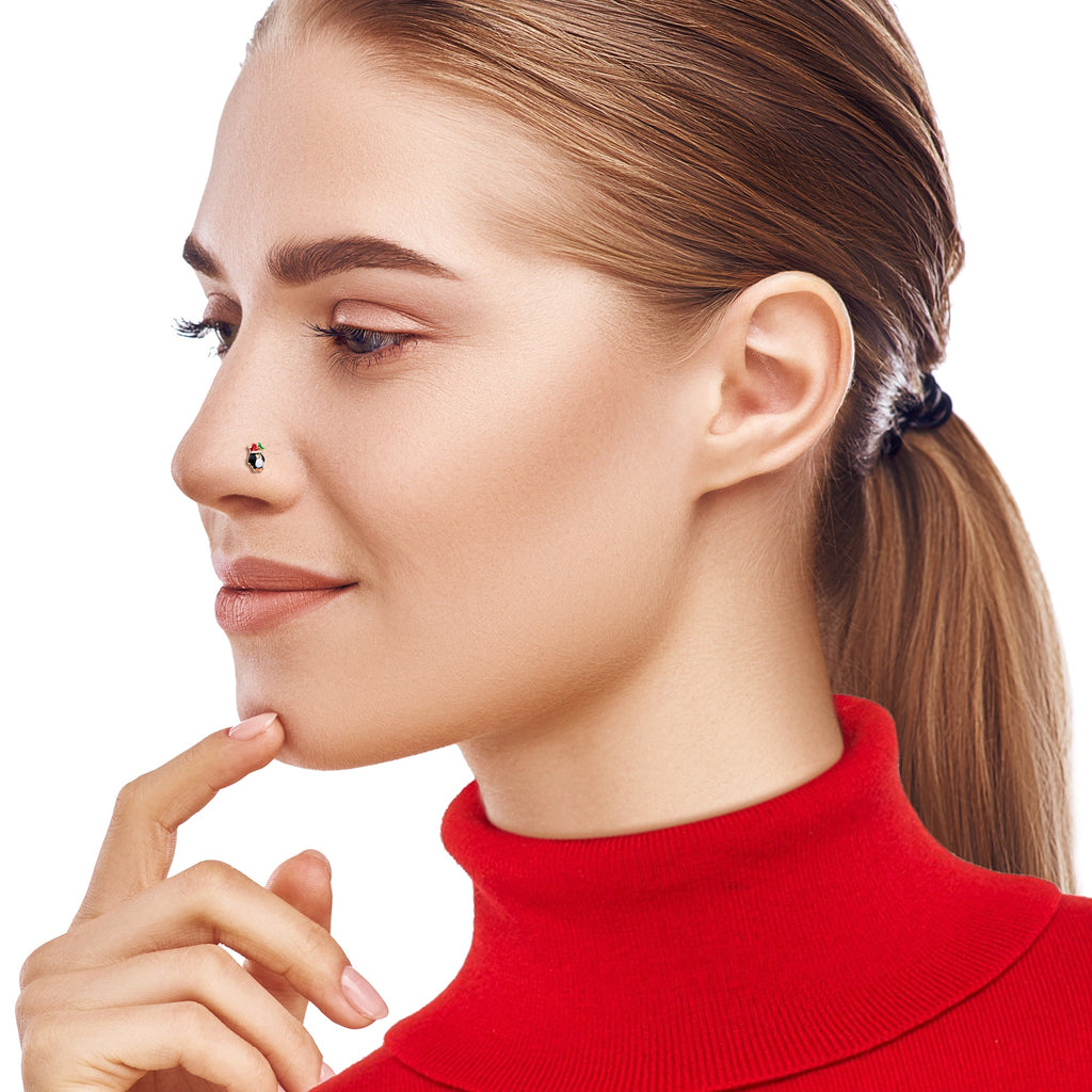BodyCandy 20G 7mm Holly Hat Penguin Holiday L Shape Nose Ring — in-use photo