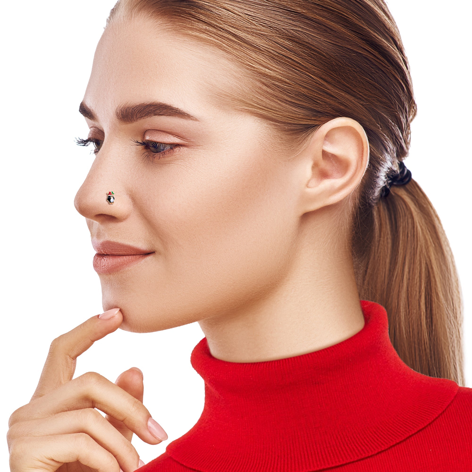 BodyCandy 20G 7mm Holly Hat Penguin Holiday L Shape Nose Ring — in-use photo