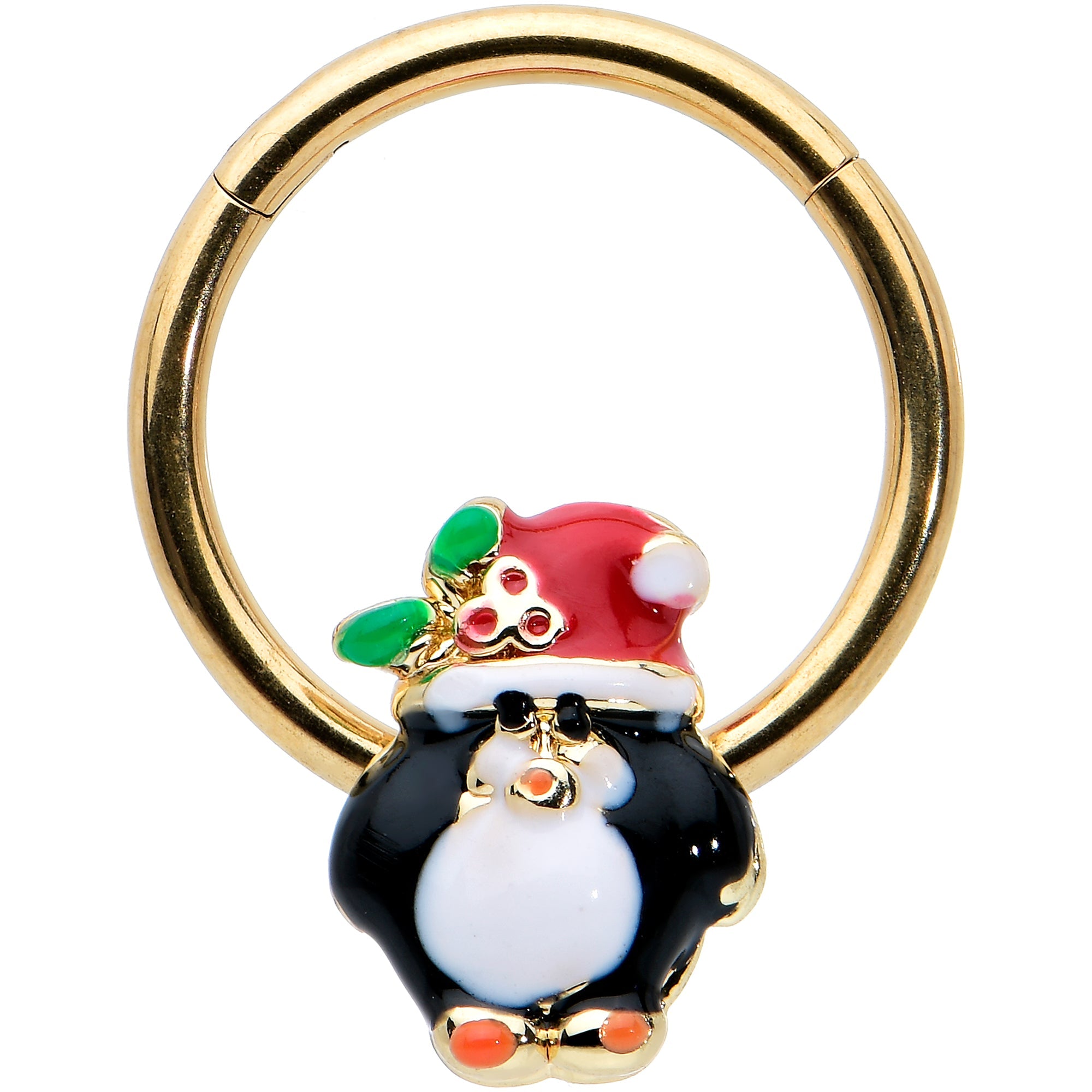 BodyCandy 16G 3/8 Gold Tone Holly Hat Penguin Holiday Hinged Segment Ring — main product shot