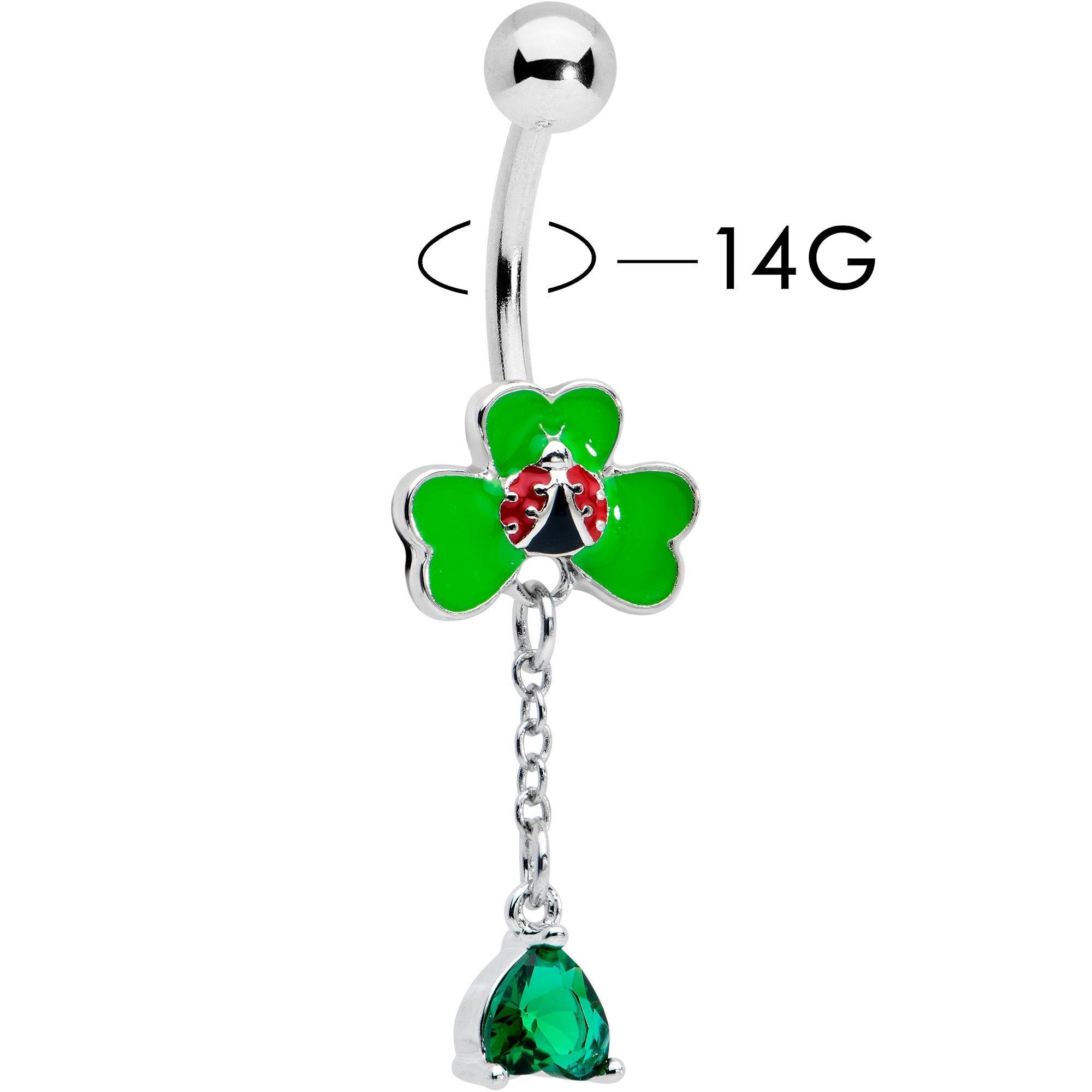 BodyCandy Green Gem Shamrock Ladybug St Patricks Dangle Belly Ring — detail close-up