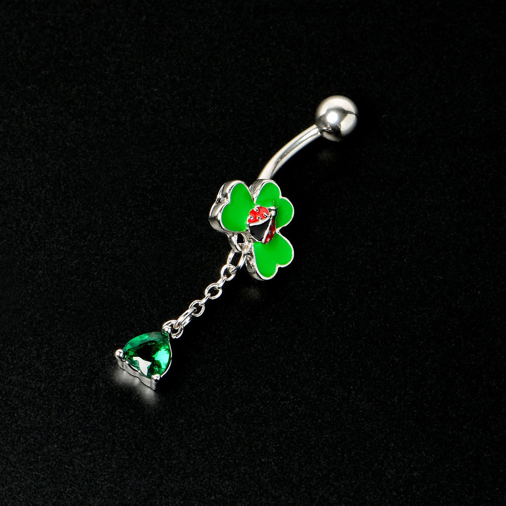 BodyCandy Green Gem Shamrock Ladybug St Patricks Dangle Belly Ring — side view