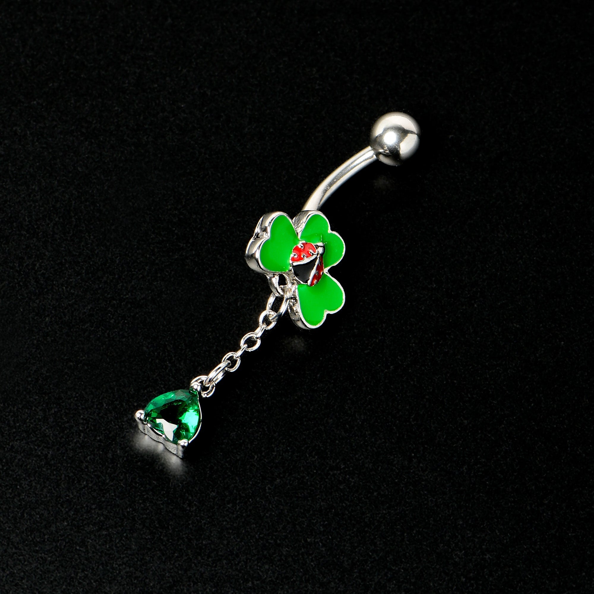 BodyCandy Green Gem Shamrock Ladybug St Patricks Dangle Belly Ring — side view