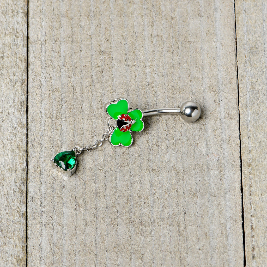 BodyCandy Green Gem Shamrock Ladybug St Patricks Dangle Belly Ring — back view