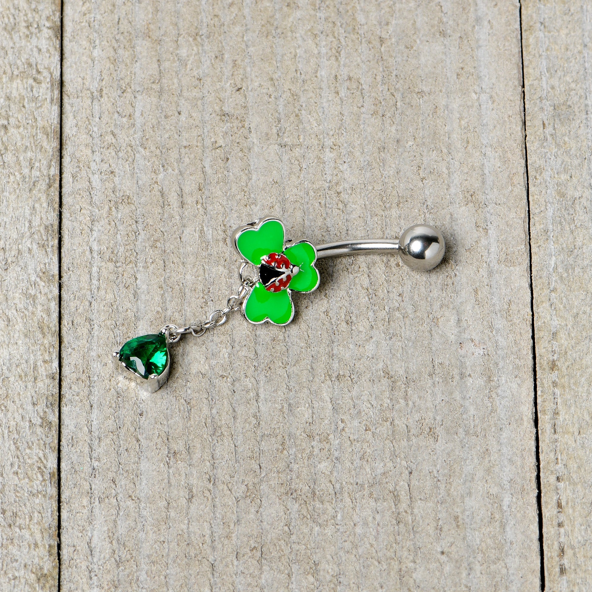 BodyCandy Green Gem Shamrock Ladybug St Patricks Dangle Belly Ring — back view
