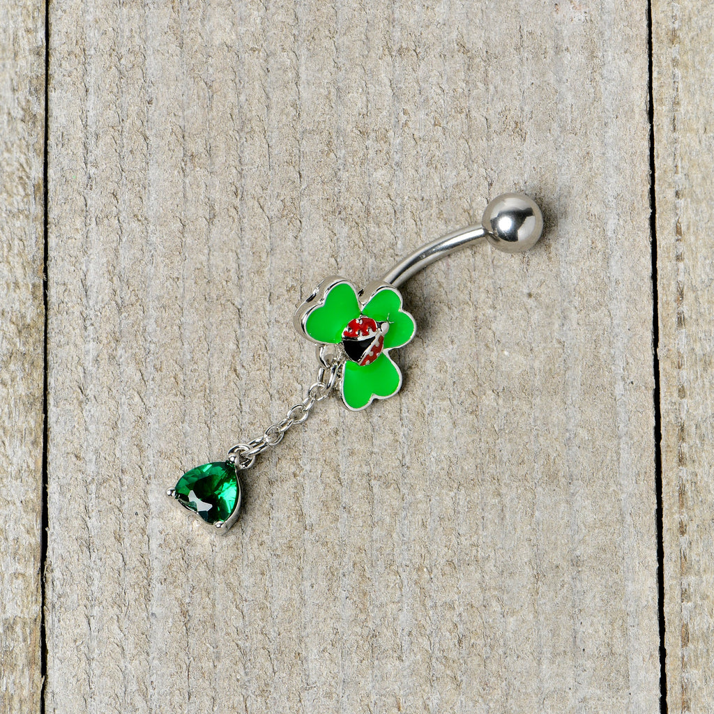 BodyCandy Green Gem Shamrock Ladybug St Patricks Dangle Belly Ring — alternative angle