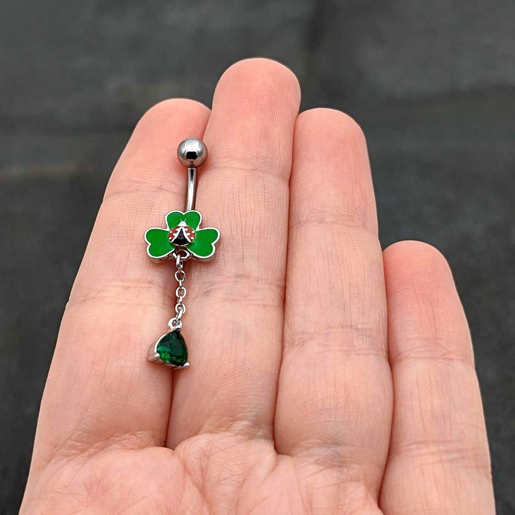 BodyCandy Green Gem Shamrock Ladybug St Patricks Dangle Belly Ring — in-use photo