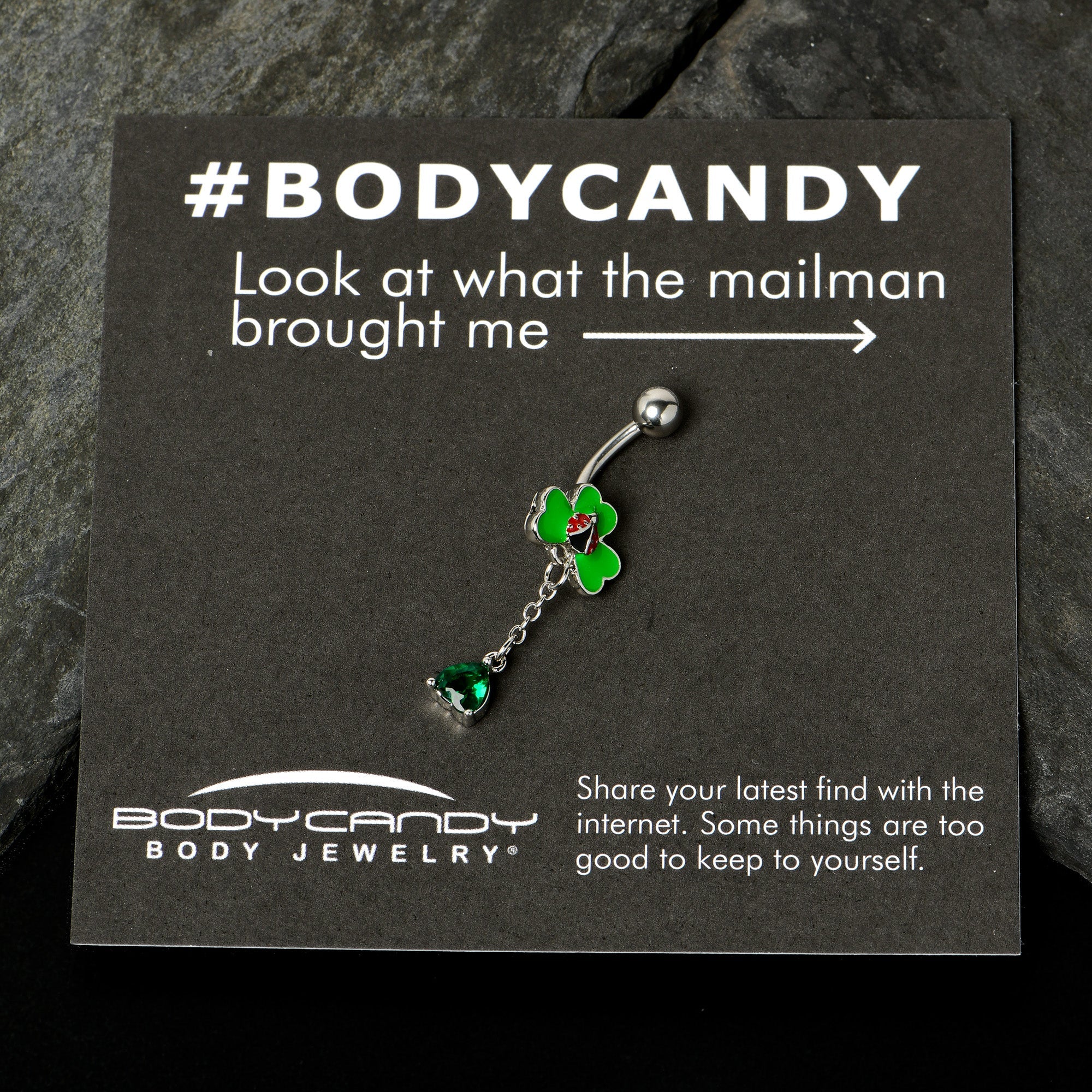 BodyCandy Green Gem Shamrock Ladybug St Patricks Dangle Belly Ring — size reference