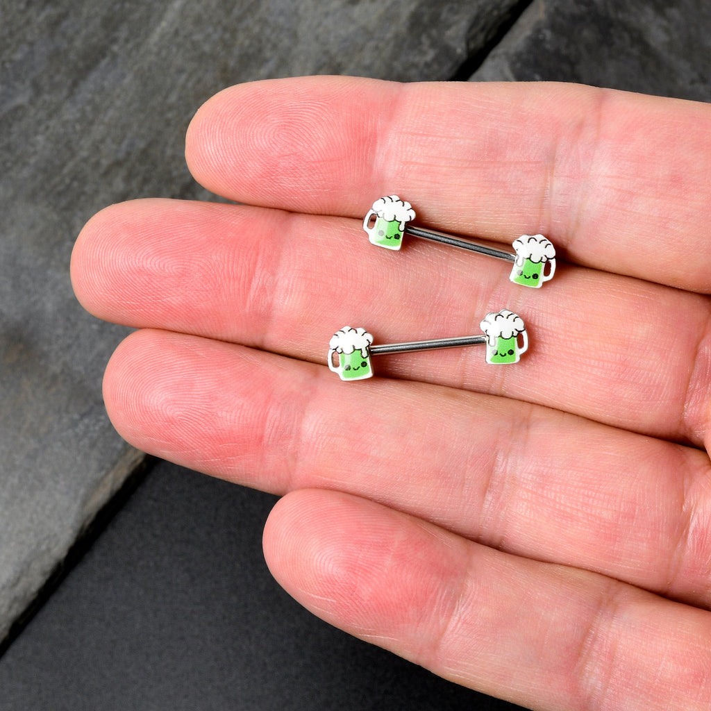 BodyCandy 14G 9/16 Sweet Happy Green Beer St Patricks Day Nipple Ring Set — alternative angle