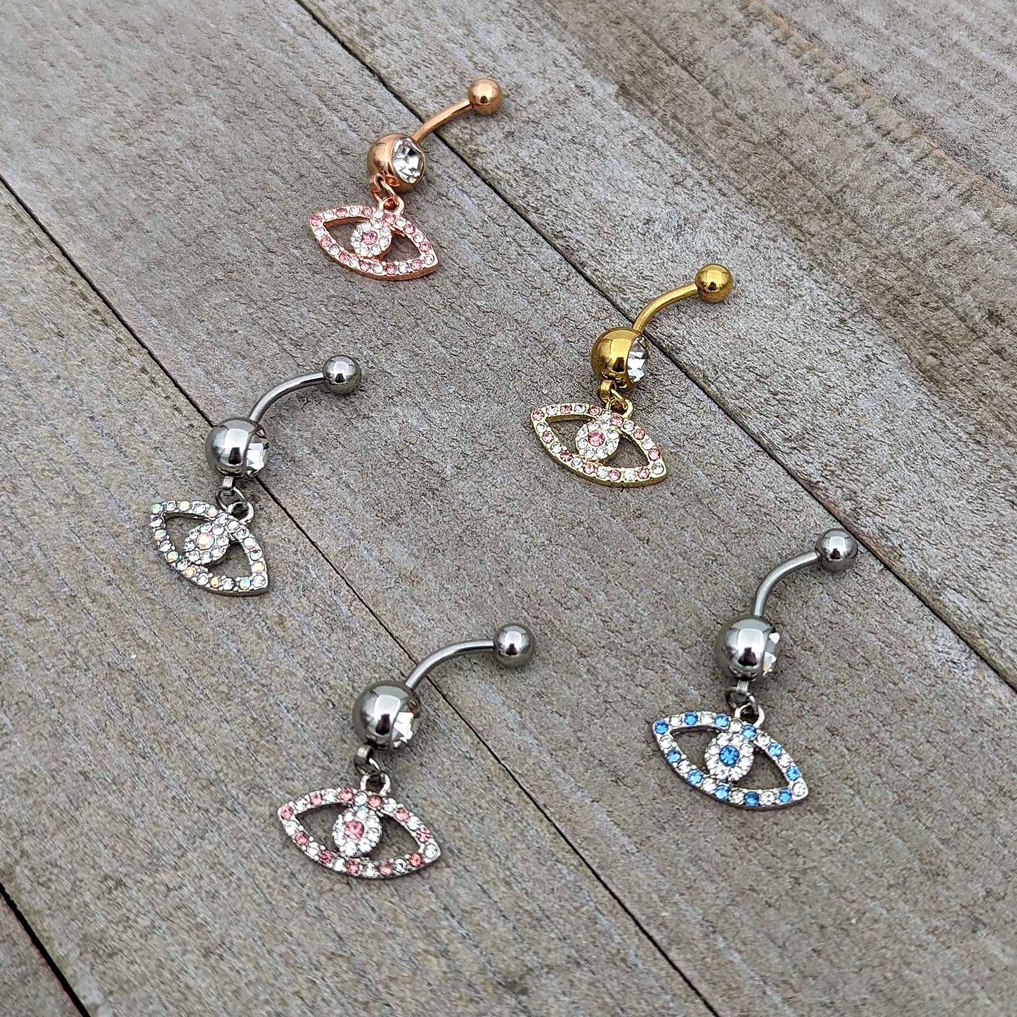 BodyCandy Pink Clear Gem Gold Tone Wide Eye Dangle Belly Ring — in-use photo