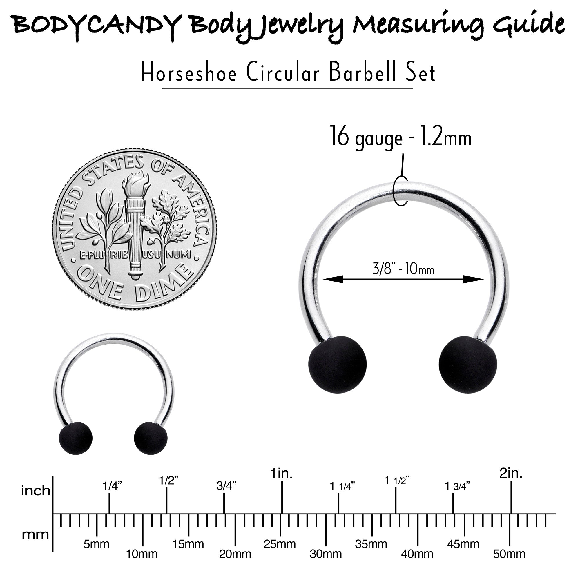 BodyCandy 16G 3/8 Matte Black Blue Teal Horseshoe Circular Barbell Set of 6 — in-use photo