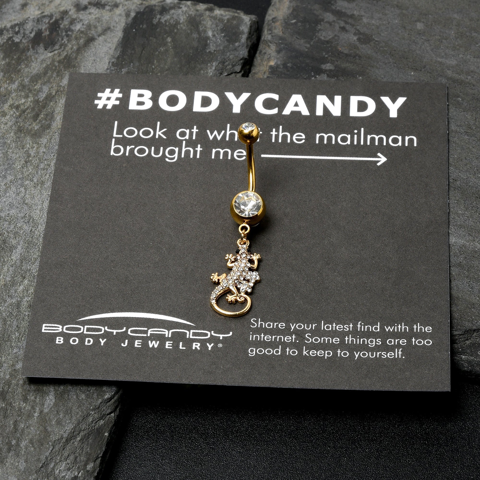 BodyCandy Clear Gem Gold Tone Luscious Lizard Dangle Belly Ring — in-use photo