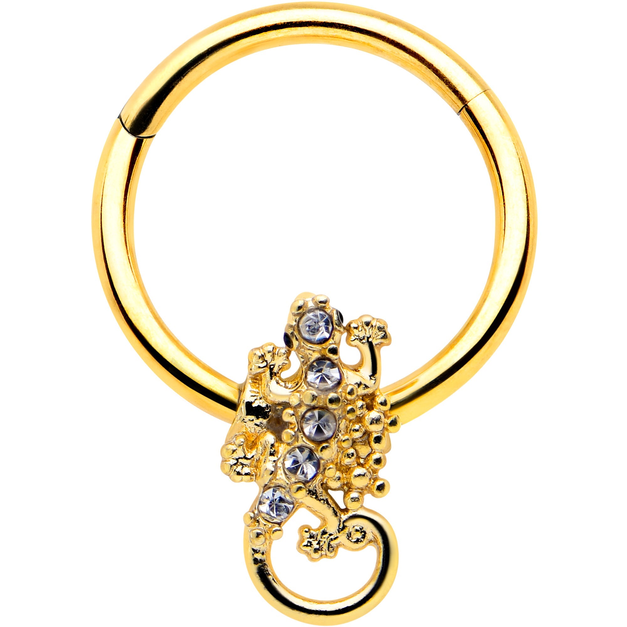 BodyCandy 16G 3/8 Clear Gem Gold Tone Luscious Lizard Hinged Segment Ring — main product shot