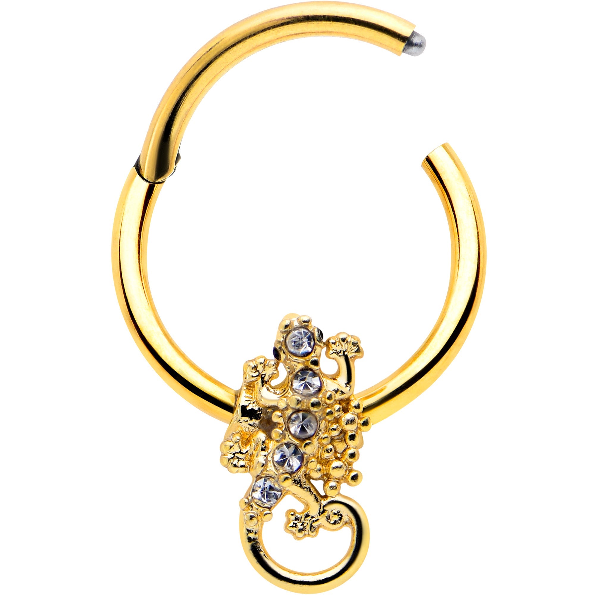 BodyCandy 16G 3/8 Clear Gem Gold Tone Luscious Lizard Hinged Segment Ring — detail close-up